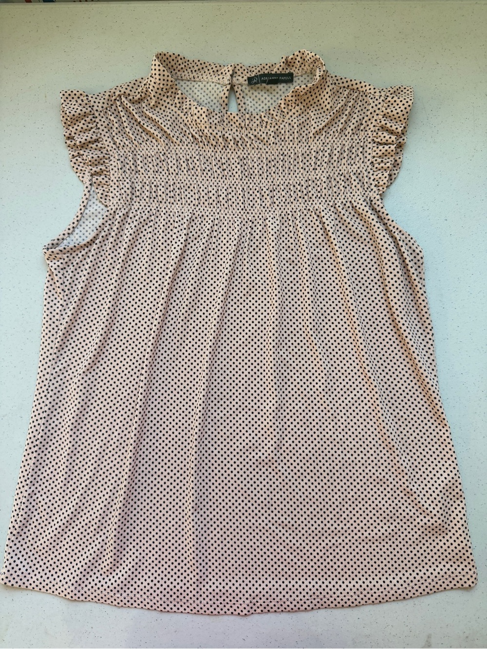 Adrianna Papell Dusty Rose Polka Dot Smocked Neck Blouse | Small